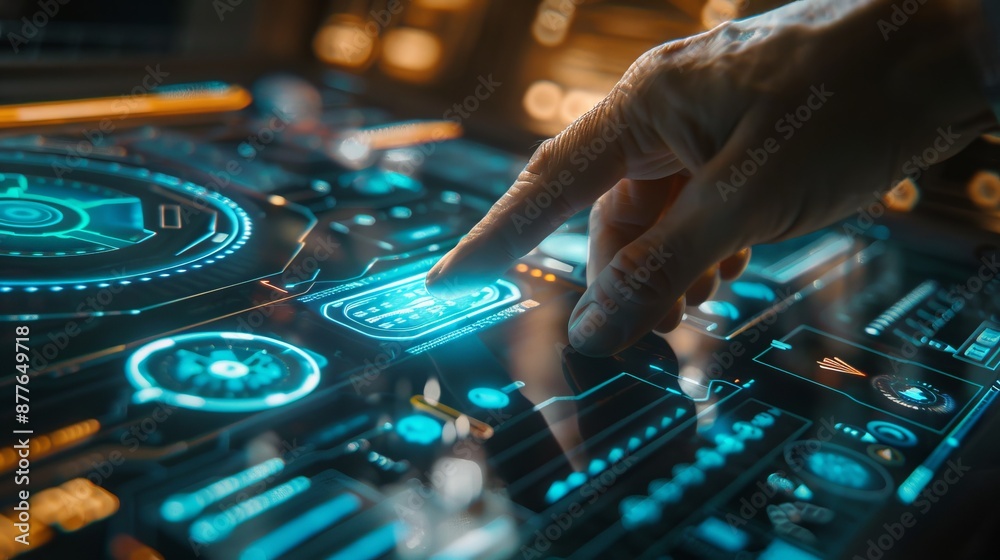 Naklejka premium A hand is interacting with a high-tech, futuristic touchscreen interface, displaying various digital elements, glowing in bright blue and orange lights, emphasizing technology’s progress.