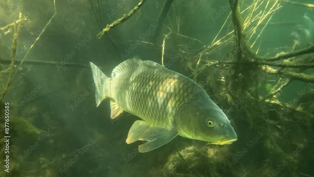 A common carp (Cyprinus carpio) swims towards the camera among the branches and then turns around. Check my portfolio for other carp footage