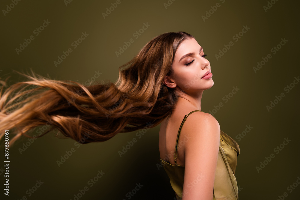 Photo of fancy lovely tender celebrity lady enjoy long healthy hair isolated on khaki color background Photo of fancy lovely tender celebrity lady enjoy long healthy hair isolated on khaki color background