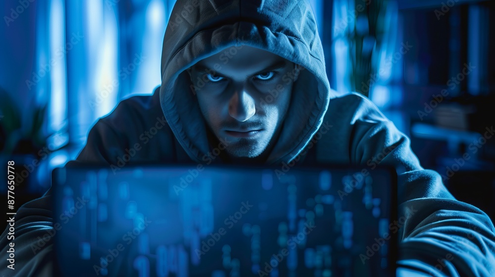 A person wearing a hoodie, in a dark, moody setting, intensely working on a laptop with a focused expression, possibly engaging in coding or hacking activities.