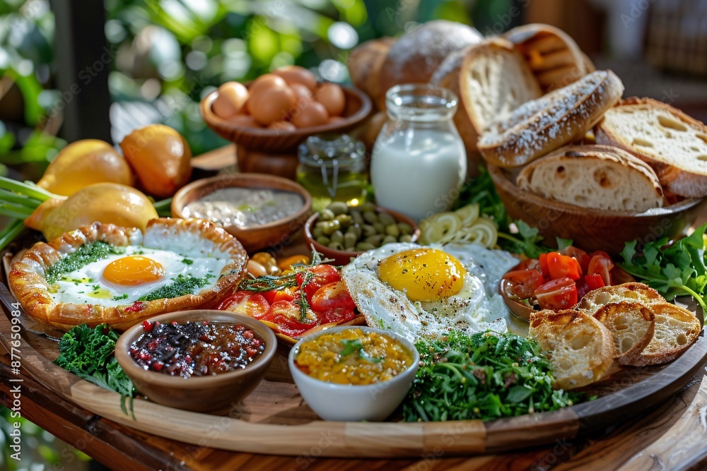 Brunch spread with a variet of dishes pastries. Village Breakfast with pastries, vegetables, greens, spreads, cheeses, fried eggs, jams Brunch spread with a variet of dishes pastries. Village Breakfast with pastries, vegetables, greens, spreads, cheeses, fried eggs, jams