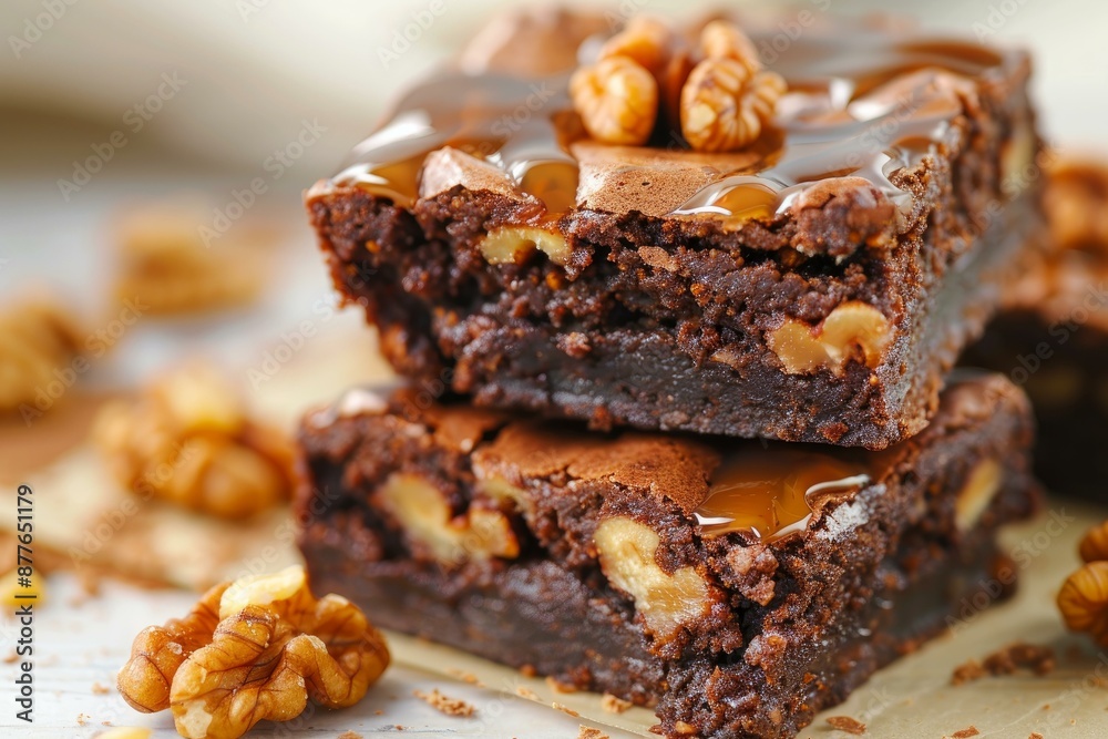 Stack of appetizing chocolate brownies with walnuts covered with caramel sauce Stack of appetizing chocolate brownies with walnuts covered with caramel sauce