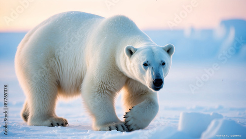 the Arctic with this stunning close-up of a polar bear traversing the icy landscape, each hair and snowflake rendered in exquisite detail.