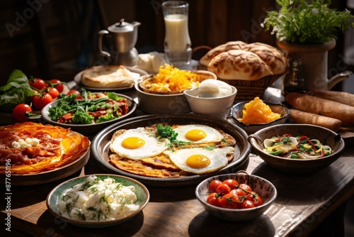 Brunch spread with a variet of dishes pastries. Village Breakfast with pastries, vegetables, greens, spreads, cheeses, fried eggs, jams