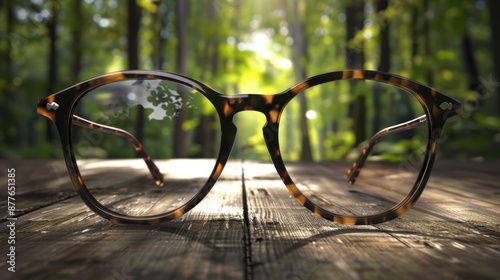 The tortoiseshell eyeglasses on wood photo