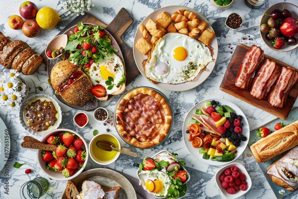 Brunch spread with a variet of dishes pastries. Village Breakfast with pastries, vegetables, greens, spreads, cheeses, fried eggs, jams Brunch spread with a variet of dishes pastries. Village Breakfast with pastries, vegetables, greens, spreads, cheeses, fried eggs, jams