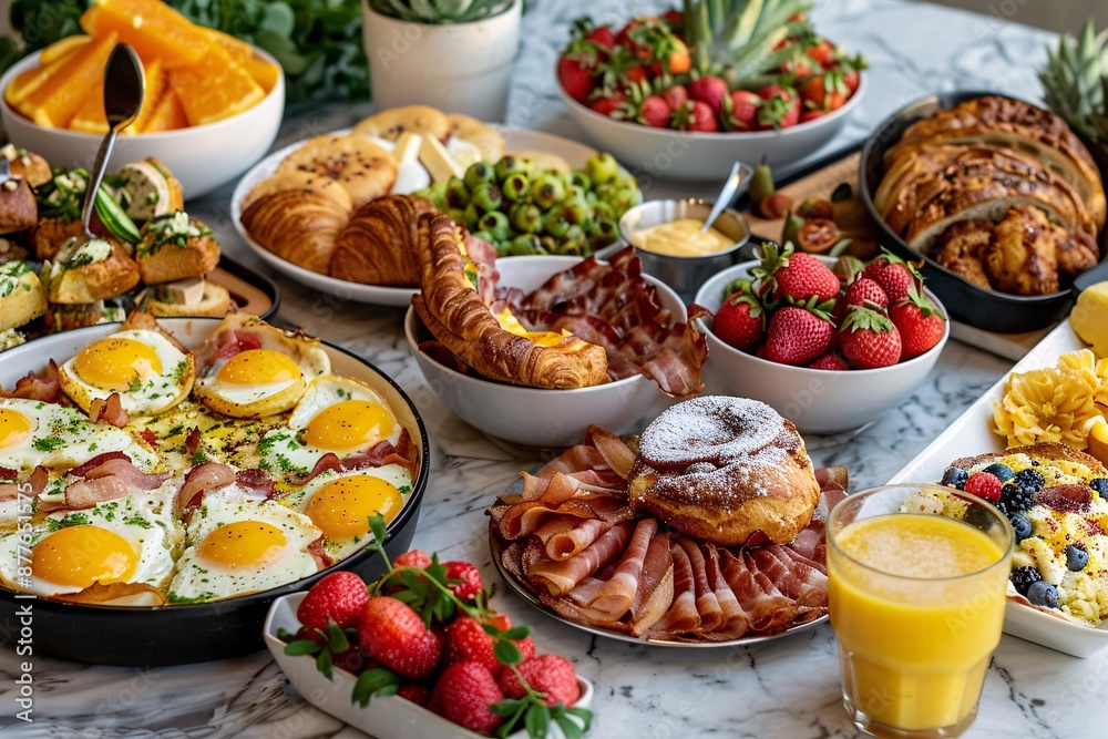 Brunch spread with a variet of dishes pastries. Village Breakfast with pastries, vegetables, greens, spreads, cheeses, fried eggs, jams