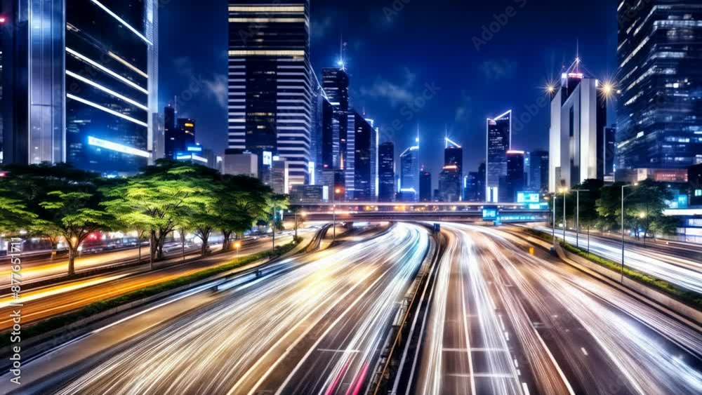 City Lights in Motion: Timelapse of Traffic Flowing Through a Modern City at Night. Urban Life, Transportation, Technology Concept. City Lights in Motion: Timelapse of Traffic Flowing Through a Modern City at Night. Urban Life, Transportation, Technology Concept.