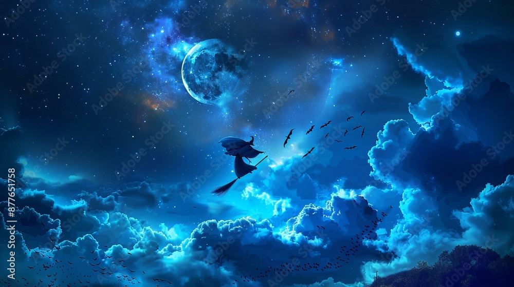 A mysterious figure wearing a cloak flying through the night sky among the clouds with a full moon and stars in the background, surrounded by birds. A mysterious figure wearing a cloak flying through the night sky among the clouds with a full moon and stars in the background, surrounded by birds.