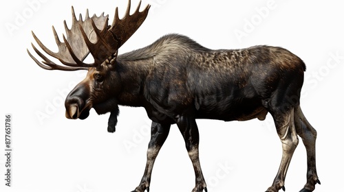 A highly detailed illustration of a moose standing in a profile view against a plain white background, showcasing its large antlers and robust body. photo