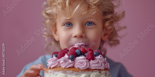 Child enjoying a berry and pink cream topped cake with frosting covered face sweetness concept