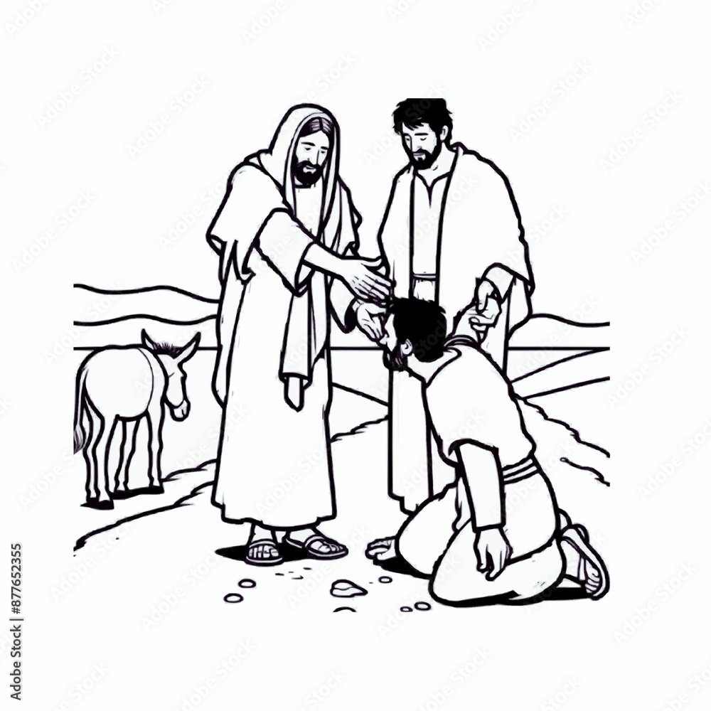 Good Samaritan helping a man on a simple road with a donkey nearby. Good Samaritan helping a man on a simple road with a donkey nearby.