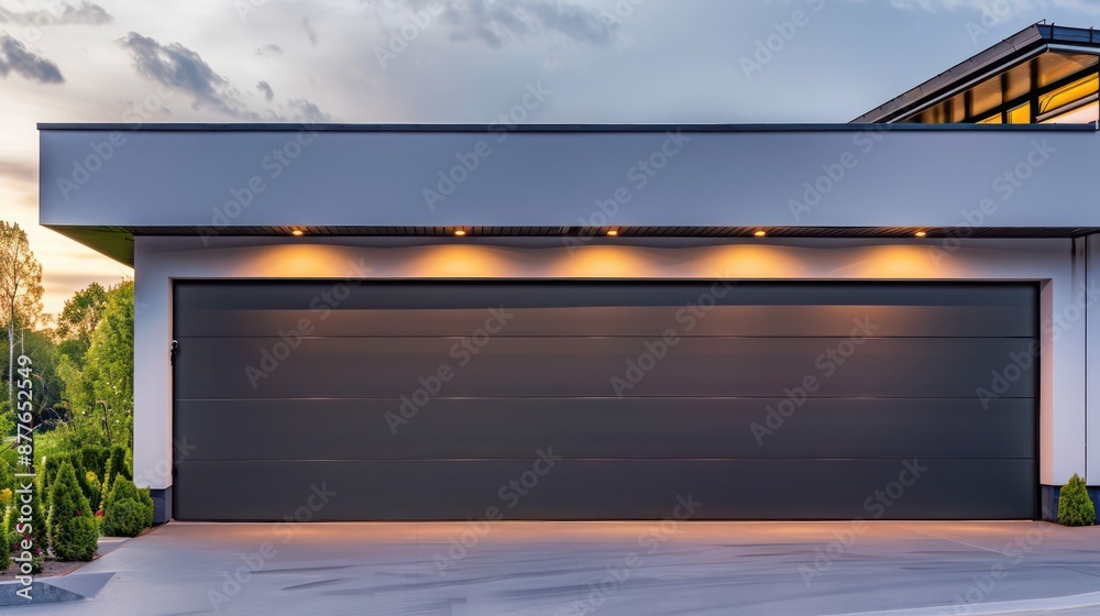 sleek, modern garage door on a suburban contemporary home with hidden lighting sleek, modern garage door on a suburban contemporary home with hidden lighting