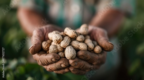 A pair of weathered hands holding a bunch of freshly harvested peanuts, showing the earth's richness and the effort of agricultural work, symbolizing nourishment and hard work.