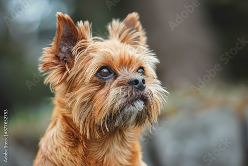 Small brown dog with its mouth open looking up