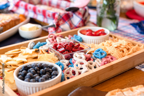 Kid friendly snacks on a party tray for Fourth of July