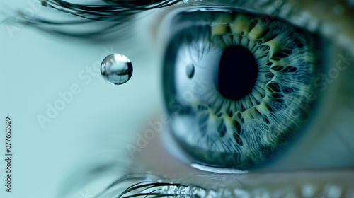 An extreme close-up shot of an eye with a drop of eye drops suspended in the air just before contact. The detailed view highlights the vibrant iris and the precision of the drop.