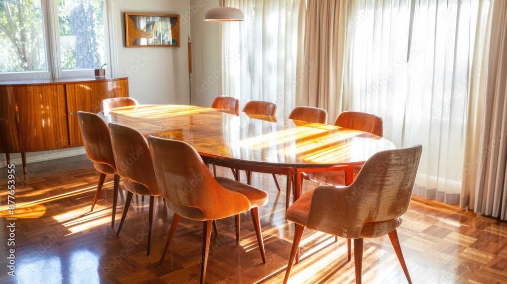 suburban mid-century modern dining room with an iconic 1950s table and chairs, perfectly restored suburban mid-century modern dining room with an iconic 1950s table and chairs, perfectly restored