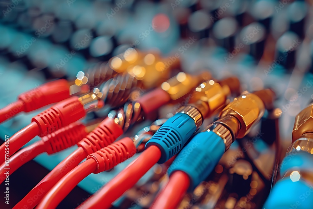 A collection of high-end audio cables with a background of sound equipment A collection of high-end audio cables with a background of sound equipment