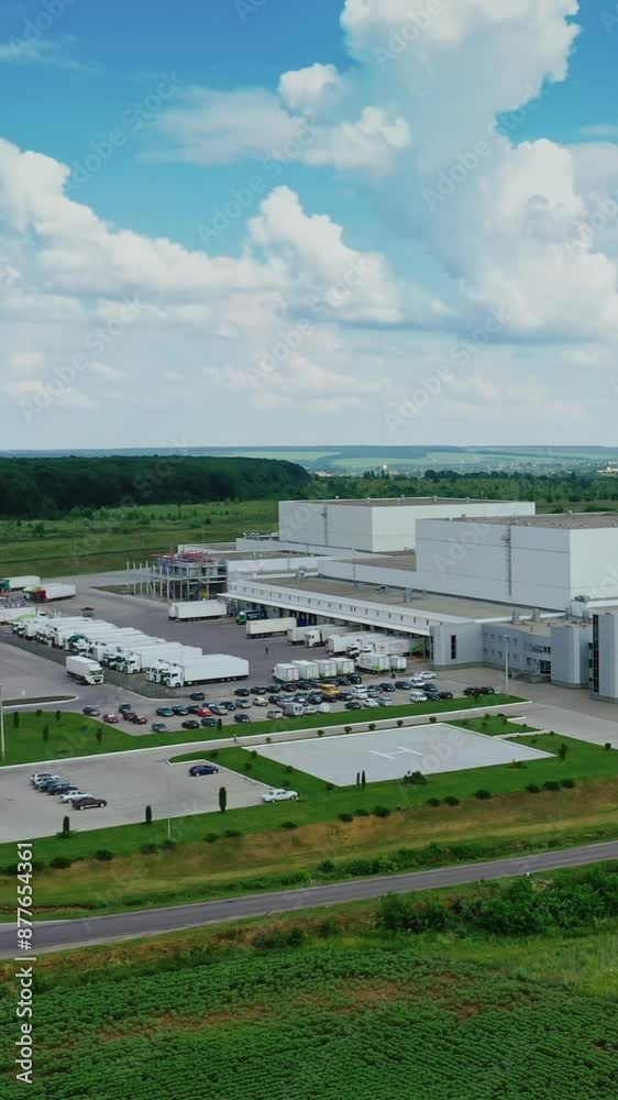 Modern plant in the countryside. Panoramic view on industrial area among green nature. Large manufacture on field in summer. Vertical video Modern plant in the countryside. Panoramic view on industrial area among green nature. Large manufacture on field in summer. Vertical video