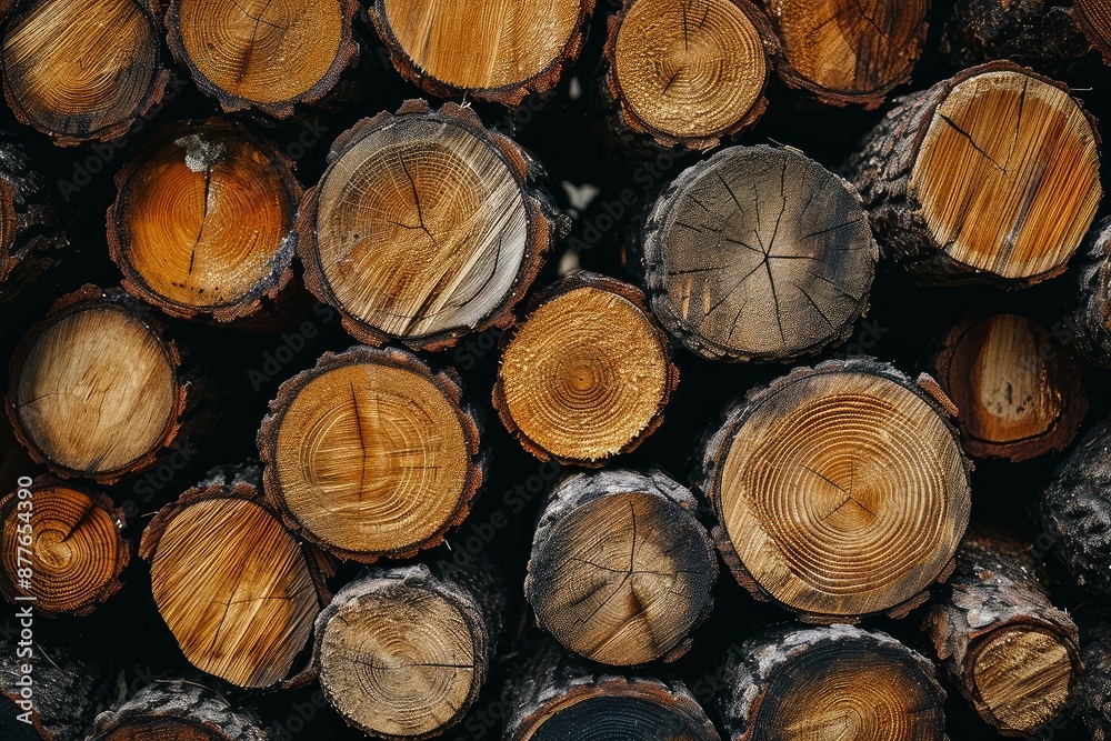 Beautiful natural pattern of stacked timber cross-section texture with tree rings, representing sustainable forestry and renewable energy source Beautiful natural pattern of stacked timber cross-section texture with tree rings, representing sustainable forestry and renewable energy source