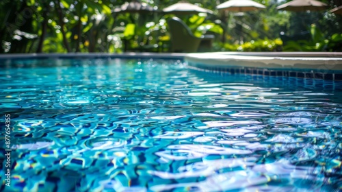 Summer pool. Swimming blue waters. Sunny day poolside. Crystal clear water. Sunshine and beach chairs.