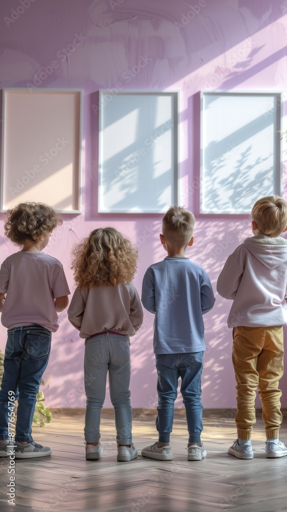 Four children standing in front of empty frames on pink wall. Interior design mockup with place for text. Four children standing in front of empty frames on pink wall. Interior design mockup with place for text.