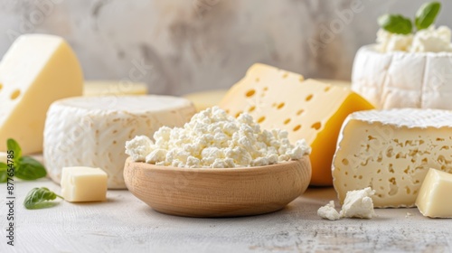 An assortment of cheeses displayed on a wooden board, including hard cheese, soft cheese, and cottage cheese, with fresh herbs enhancing the presentation. photo