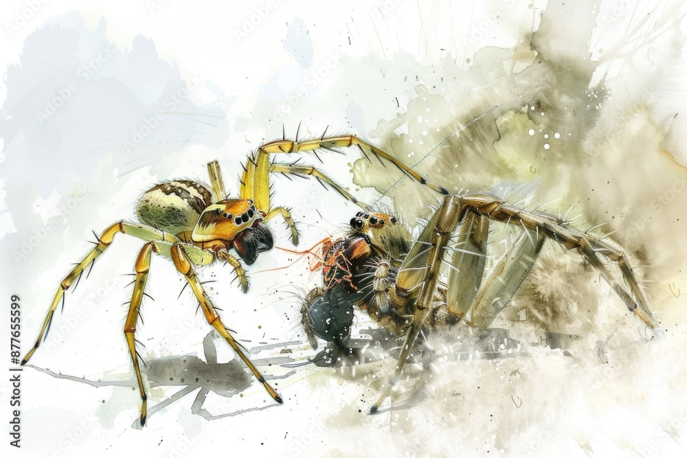 Naklejka premium A close-up view of a spider attacking a man, with the spider's legs wrapped around his arm