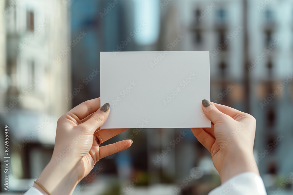 Hands holding a blank card with a cityscape background. Concept for urban messages, invitations, and announcements Hands holding a blank card with a cityscape background. Concept for urban messages, invitations, and announcements