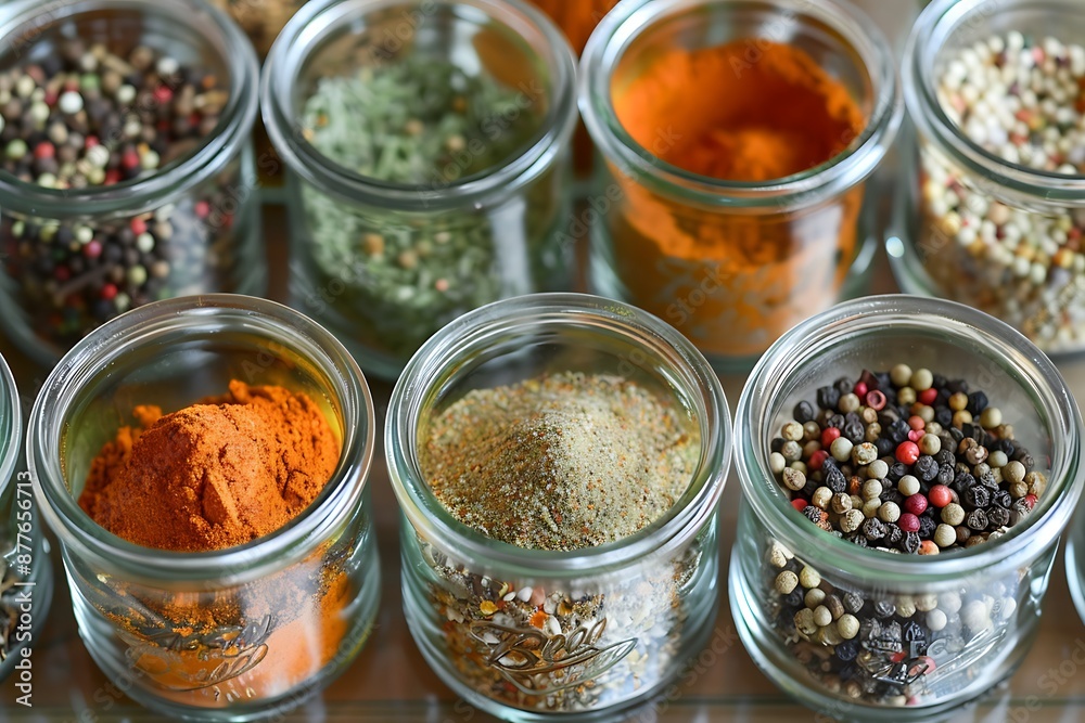 A collection of spices in glass jars, with a focus on texture and color A collection of spices in glass jars, with a focus on texture and color