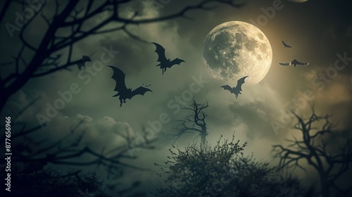A full moon illuminates the sky as bats fly around barren trees, creating an eerie, mystical ambiance that evokes a sense of mystery and wonder in the night. © Nicholas