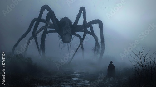 A massive spider creature looms in a foggy, eerie landscape as a cloaked figure faces it, creating a tense and ominous atmosphere full of suspense and mystery.