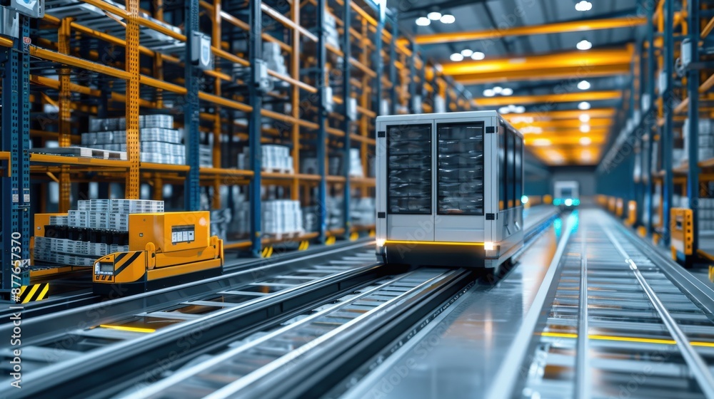 A train is moving through a warehouse A train is moving through a warehouse