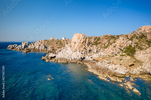 Drone Aerial view of Capo Testa lighthouse and Moon Valley Valle della Luna in Sardinia, Italy