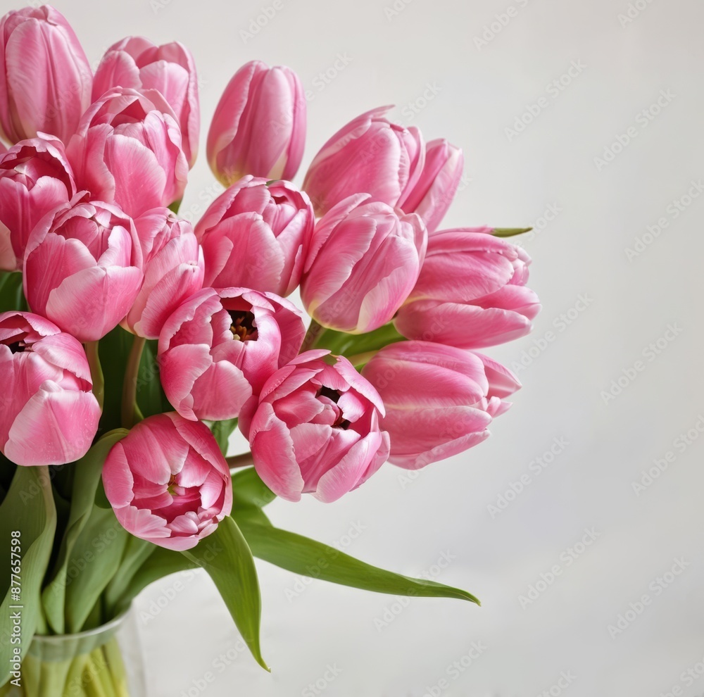 Obraz premium Beautiful bouquet of pink tulips for a wedding, the bouquet is tied with pink ribbons, white background, festive bouquet