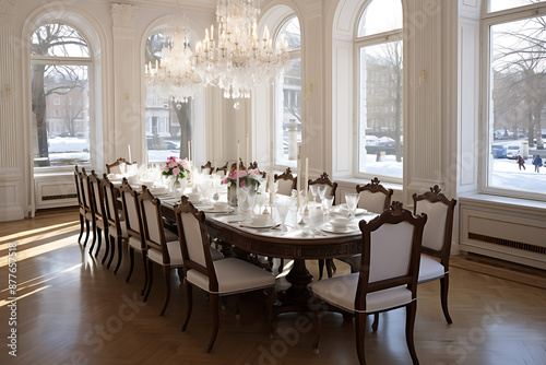 Elegant white and brown dining room with a large table set for a formal dinner party.