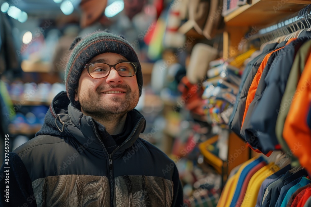Smiling man shopping for winter clothes in a store. Shelves filled with jackets and apparel. Smiling man shopping for winter clothes in a store. Shelves filled with jackets and apparel.