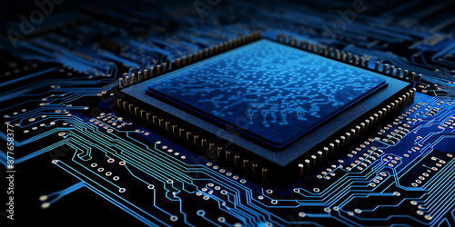 Blue and gold, futuristic, high-tech, microprocessor, circuit board, technology, innovation, and digital. 

