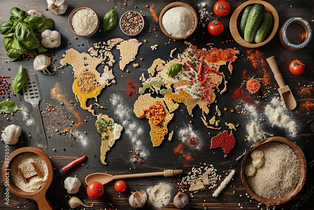 World map made of different spices and herbs on dark background, top view. Diverse range of global cuisines. World map made of different spices and herbs on dark background, top view. Diverse range of global cuisines.