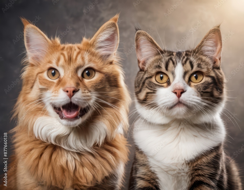Portrait of two cats looking at the camera together, amazing friendliness of pets Portrait of two cats looking at the camera together, amazing friendliness of pets