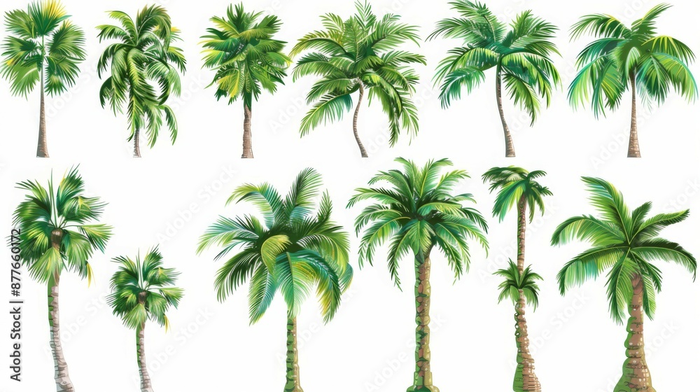 Obraz premium An artistic illustration showcasing various types of palm trees set against a white background, emphasizing the individual characteristics and details of each tree.