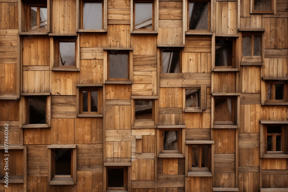 Close-up of a textured wooden building exterior showing a repetitive pattern of windows Close-up of a textured wooden building exterior showing a repetitive pattern of windows