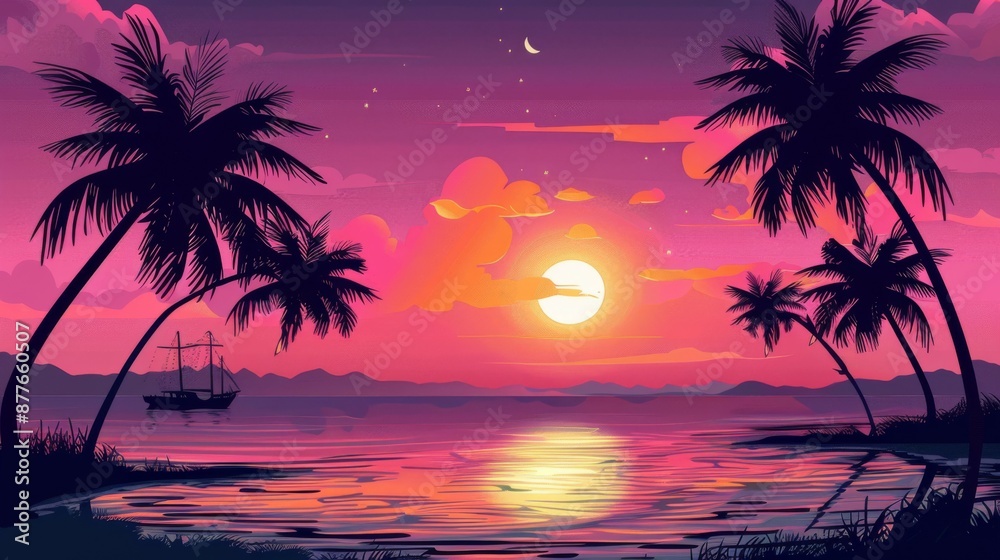 Naklejka premium A peaceful moonlit night beach landscape with palm tree silhouettes and gentle ocean waves. This image captures the tranquil and calming essence of a nighttime beach scene.