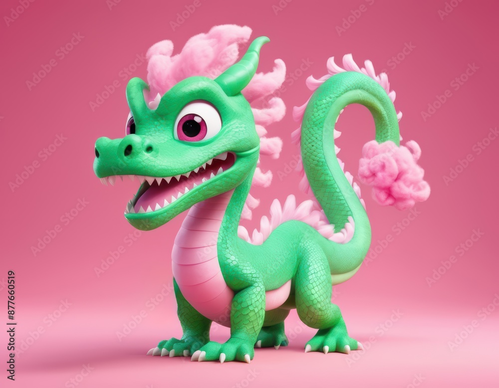 Fototapeta premium Pink and green Chinese dragon made from cotton candy, with a happy expression, cartoon doll as a toy.