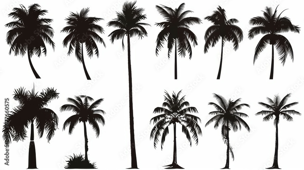 Illustration featuring a collection of diverse palm trees in black silhouette form arranged on a white backdrop, emphasizing their unique shapes and structures.
