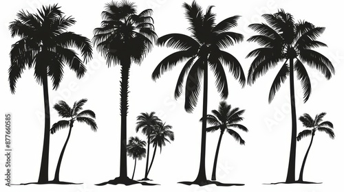 Artwork with various palm trees in black silhouette, arranged orderly on a neutral background, showcasing the distinctive forms and structures of each palm tree.
