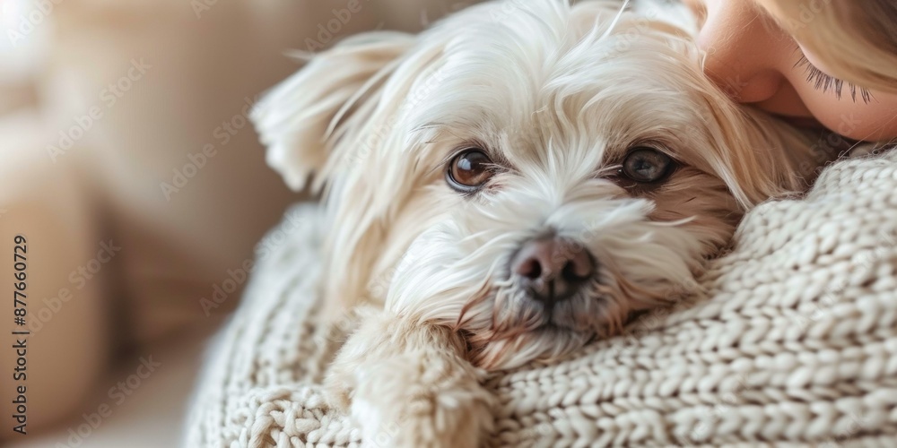 Heartwarming close-up of blonde woman cuddling fluffy white dog in cozy knit sweater, celebrating love and companionship, expressing comfort and tenderness. Heartwarming close-up of blonde woman cuddling fluffy white dog in cozy knit sweater, celebrating love and companionship, expressing comfort and tenderness.