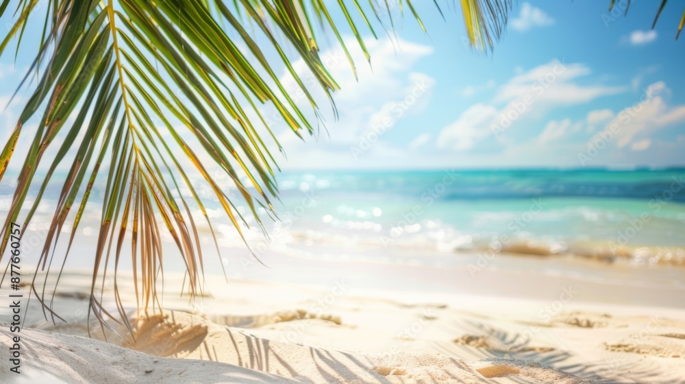 Fototapeta premium A serene beach scene captures the essence of relaxation with palm fronds partially shading the sunlit sandy shore, accompanied by a calm turquoise sea and blue skies.