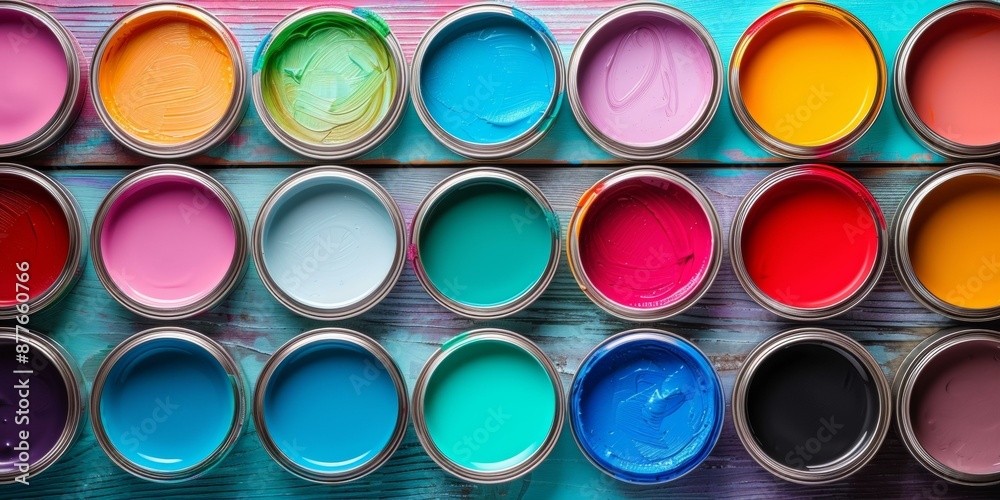 Colorful paint cans in neat rows on wooden table, featuring vibrant hues ideal for renovation, interior design inspiration, and artistic projects. Colorful paint cans in neat rows on wooden table, featuring vibrant hues ideal for renovation, interior design inspiration, and artistic projects.